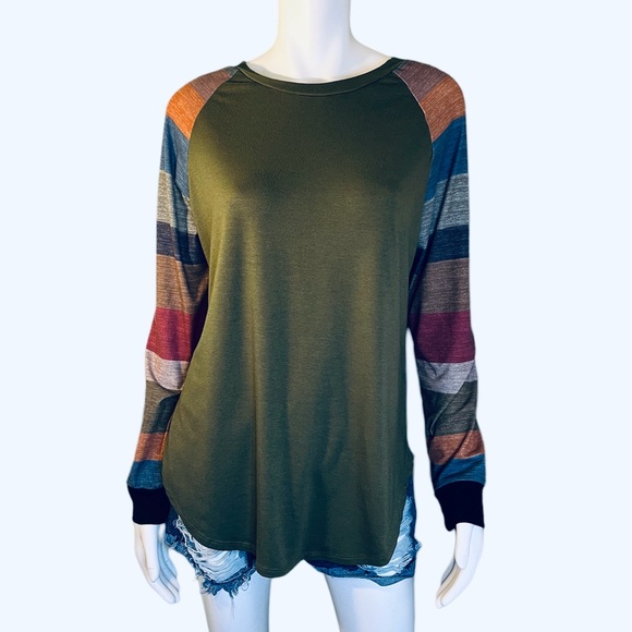 Lune Army Green MultiColor Block Raglan Long Sleeve Tee Shirt *Size Large - Picture 2 of 4